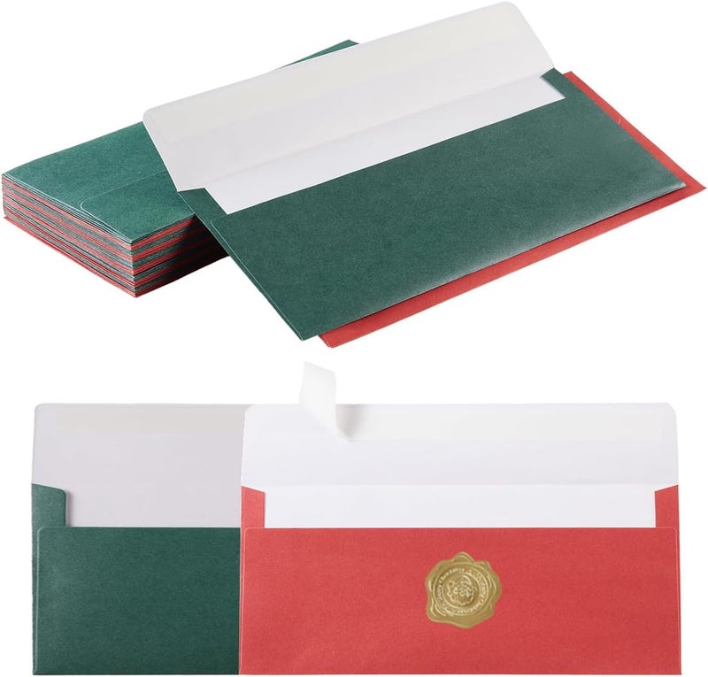 Wishop 50 Pack Shiny #10 Business Envelopes Self Seal Standard Envelopes with Gold Stickers for Office Checks, Business Cards, Letter Mailing Invoices, 4.13 x 9.49 Inches (Christmas Red Green) - Image 1